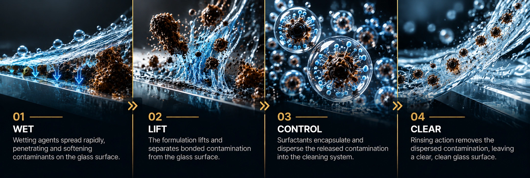 GLASSVUE™ OPTIFLOW TECHNOLOGY™ four-stage glass-cleaning technology process