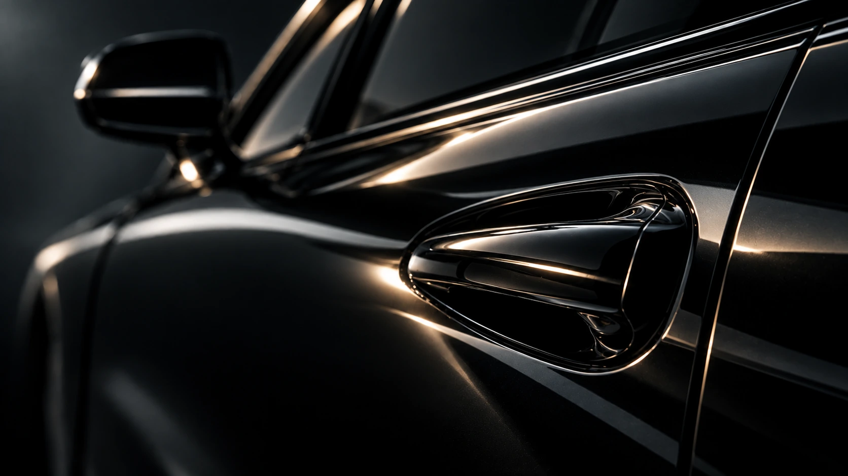 Cinematic black automotive surface with sculpted bodywork and reflective trim